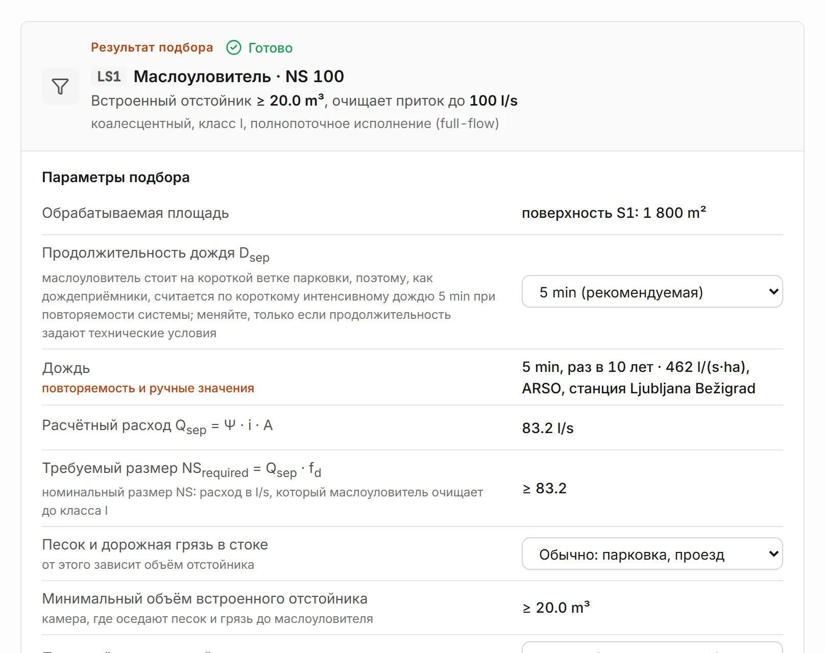 Маслоуловитель LS1 NS 100: встроенный отстойник не меньше 20.0 m³, очищает приток до 100 l/s; расчётный расход 83.2 l/s по дождю 5 min.