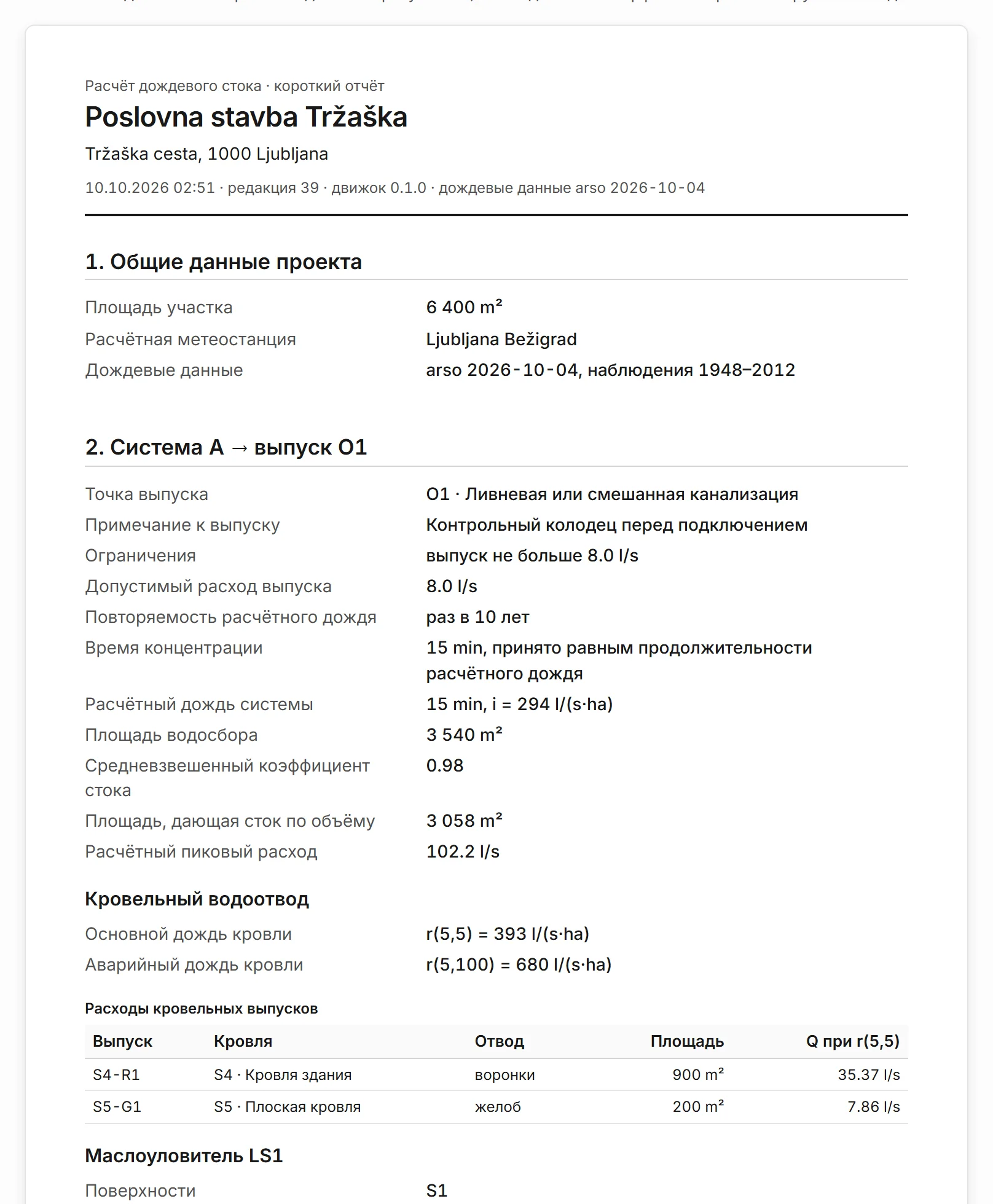 Предпросмотр короткого отчёта: общие данные проекта, система A с выпуском O1, кровельный водоотвод, маслоуловитель LS1, резервуар и регулируемый выпуск.